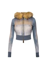 Off Grid Faux Fur Denim Effect Fitted ZIP Hoodie Washed Blue (Detachable Fur)