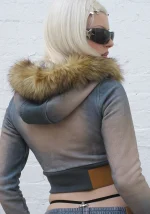 Off Grid Faux Fur Denim Effect Fitted ZIP Hoodie Washed Blue (Detachable Fur)-2