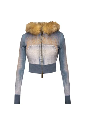 Off Grid Faux Fur Denim Effect Fitted ZIP Hoodie Washed Blue (Detachable Fur)