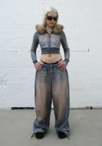 Off Grid Faux Fur Denim Effect Fitted ZIP Hoodie Washed Blue (Detachable Fur)-4