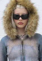 Off Grid Faux Fur Denim Effect Fitted ZIP Hoodie Washed Blue (Detachable Fur)-5