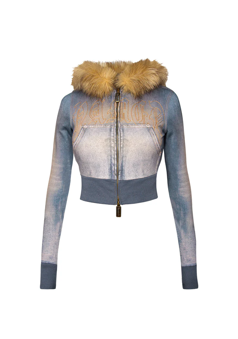 Off Grid Faux Fur Denim Effect Fitted ZIP Hoodie Washed Blue (Detachable Fur) Off Grid Faux Fur Denim Effect Fitted ZIP Hoodie Washed Blue (Detachable Fur)