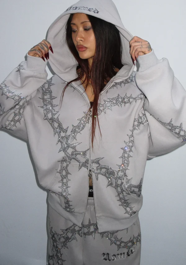 Omen Rhinestone ZIP Hoodie Smoke Grey-4