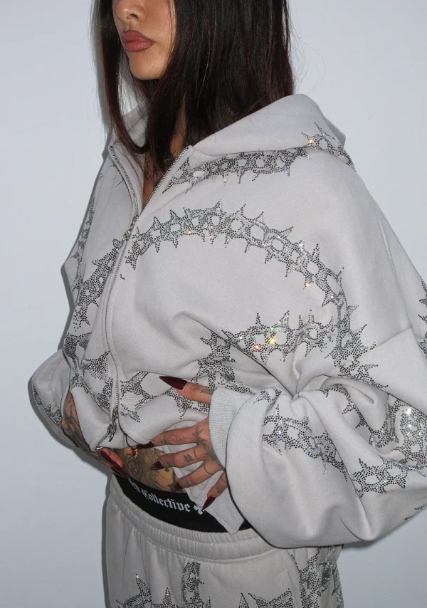 Omen Rhinestone ZIP Hoodie Smoke Grey-5