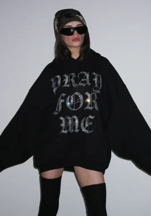 Pray For Me Rhinestone Pullover Hoodie Black-1