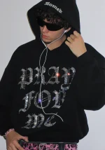 Pray For Me Rhinestone Pullover Hoodie Black-2