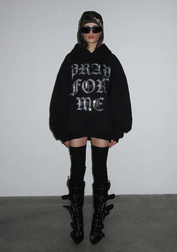 Pray For Me Rhinestone Pullover Hoodie Black-4