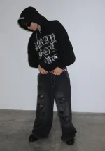 Pray For Me Rhinestone Pullover Hoodie Black-5