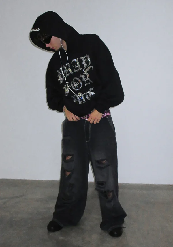 Pray For Me Rhinestone Pullover Hoodie Black-5