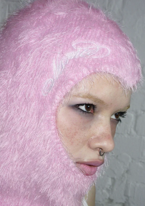 Prey Fluffy Knit Heart Balaclava Baby Pink-3
