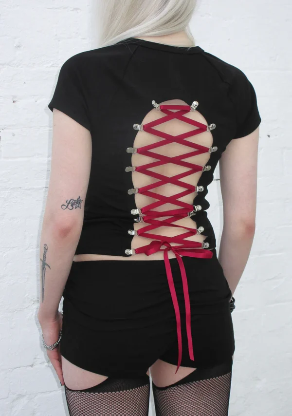 Rebel Lace Up Baby Tee Black And Red-2