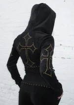 Rebel Studded Velour ZIP Hoodie Black-1