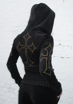 Rebel Studded Velour ZIP Hoodie Black-1