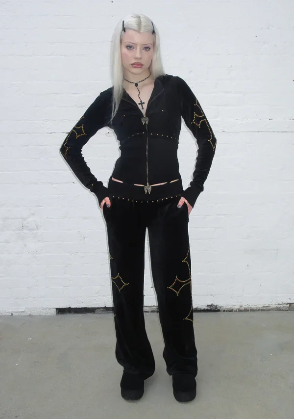 Rebel Studded Velour ZIP Hoodie Black-2