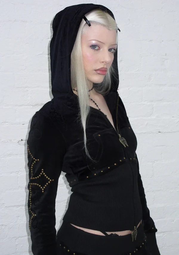 Rebel Studded Velour ZIP Hoodie Black-3