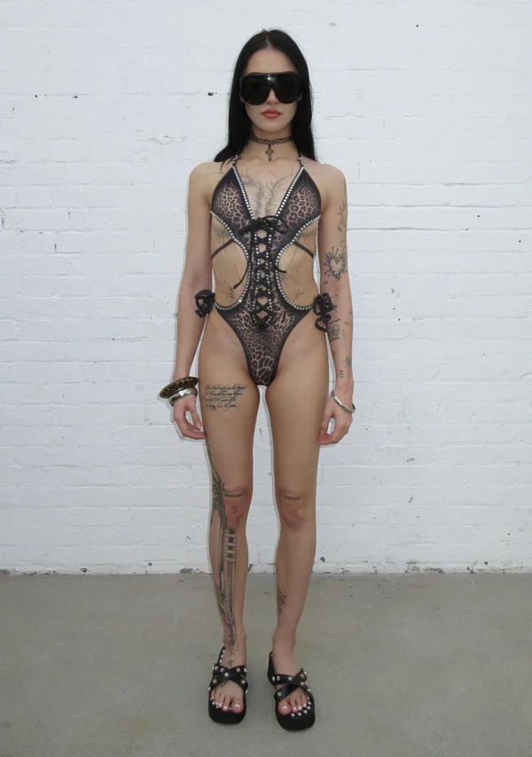 Rumour Studded Lace Up Swimsuit Leopard-2