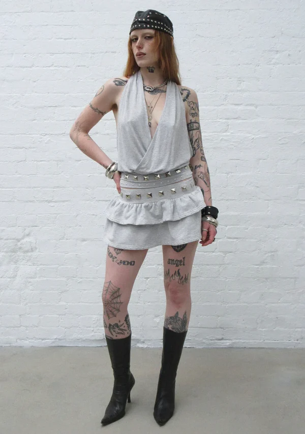 Sleaze Studded Draped Top Grey Marl-5