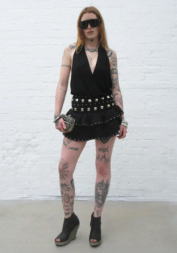 Sleaze Studded Ruffle Micro Skirt Black-1