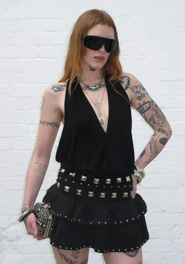 Sleaze Studded Ruffle Micro Skirt Black-3