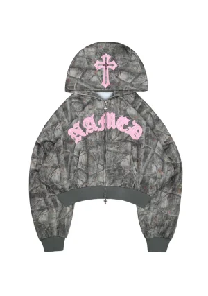 Spoilt Crop ZIP Hoodie Tree Camo