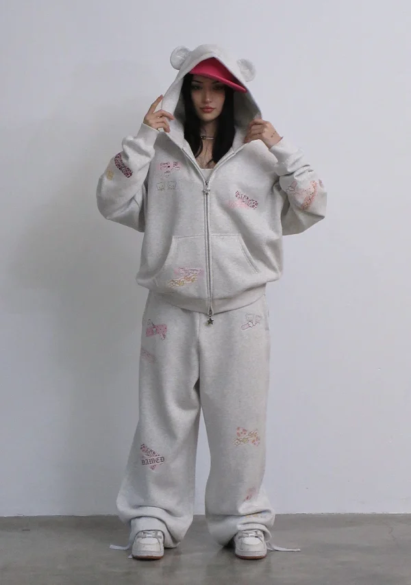 Stitch Teddy ZIP Hoodie White Marl-3