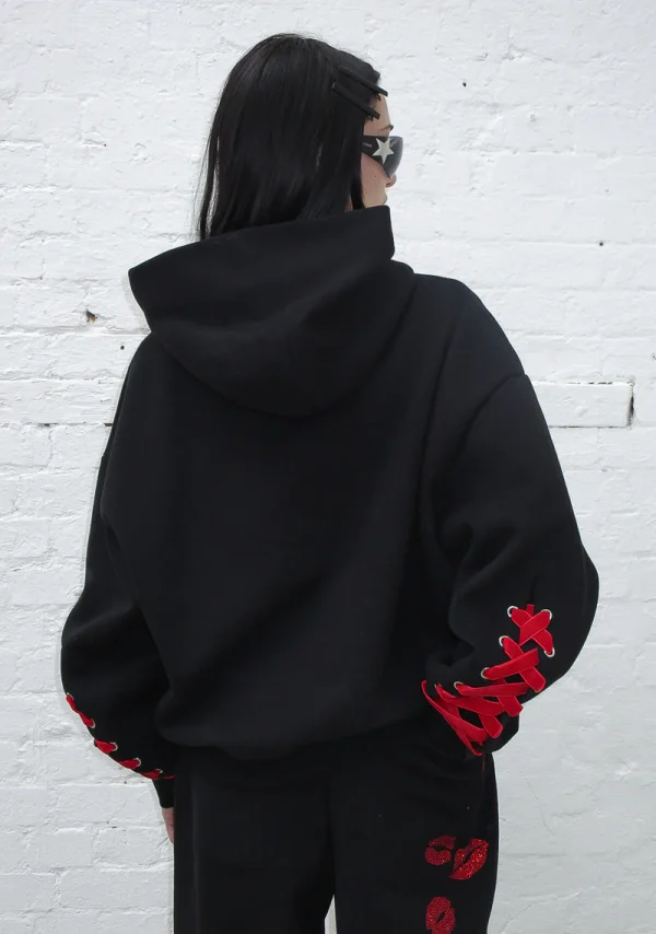 Tease Rhinestone Kiss Pullover Hoodie Black-2