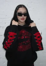 Tease Rhinestone Kiss Pullover Hoodie Black-4