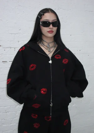 Tease Rhinestone Kiss ZIP Hoodie Black-1