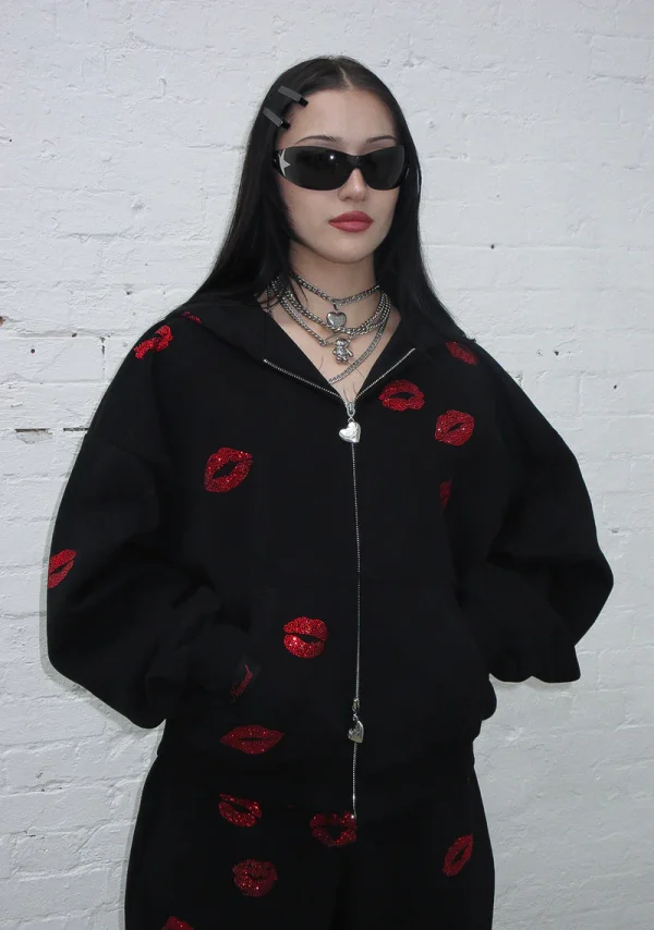 Tease Rhinestone Kiss ZIP Hoodie Black-1