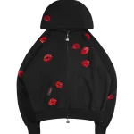 Tease Rhinestone Kiss ZIP Hoodie Black