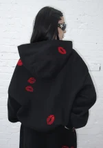 Tease Rhinestone Kiss ZIP Hoodie Black-2