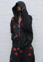Tease Rhinestone Kiss ZIP Hoodie Black-3