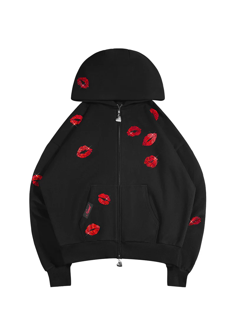 Tease Rhinestone Kiss ZIP Hoodie Black Tease Rhinestone Kiss ZIP Hoodie Black