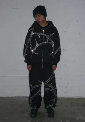 Thorn Rhinestone Sweatpants Black-1