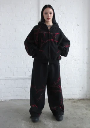 Thorn Rhinestone Sweatpants Black And Red-1