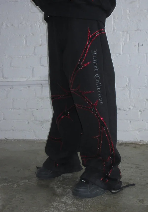 Thorn Rhinestone Sweatpants Black And Red-2