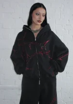 Thorn Rhinestone ZIP Hoodie Black And Red-1