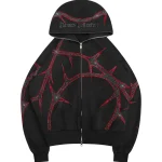 Thorn Rhinestone ZIP Hoodie Black And Red