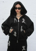 Unrealistic Ideals Rhinestone ZIP Hoodie Black-2