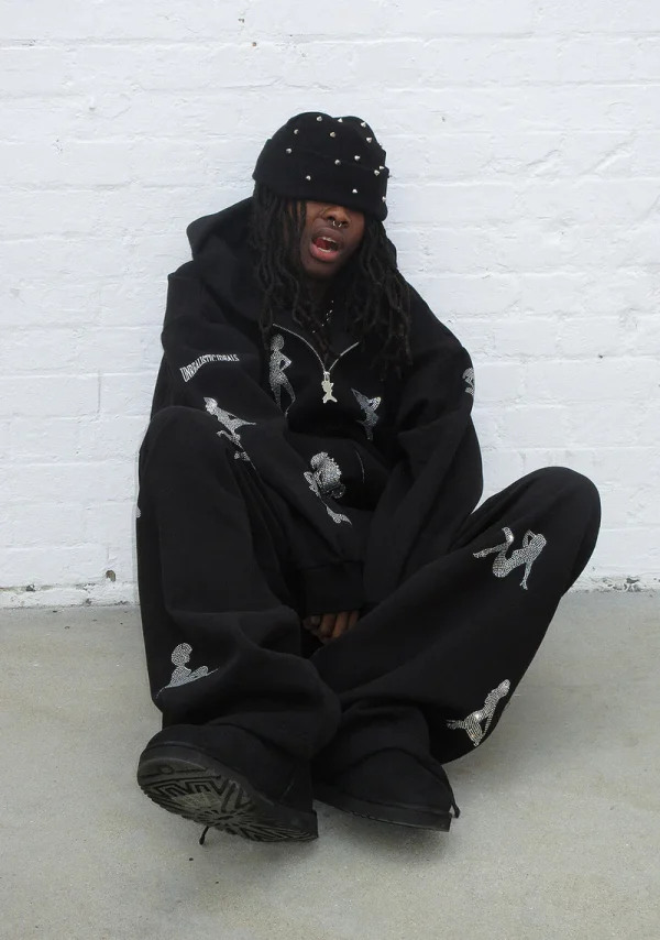 Unrealistic Ideals Rhinestone ZIP Hoodie Black-4