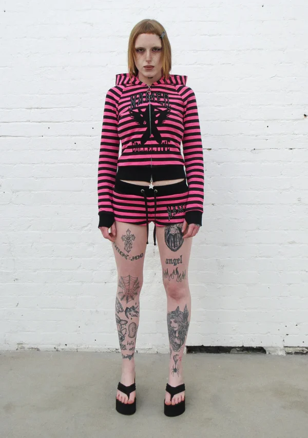 Vice Rhinestone Fitted Hoodie Hot Pink Stripe - Image 4