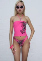 Vice Rhinestone Halterneck Tankini Top Hot Pink-1