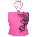 Vice Rhinestone Halterneck Tankini Top Hot Pink