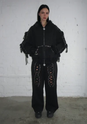 Bad Romance Lace Ribbon Oversized Sweatpants Black-1