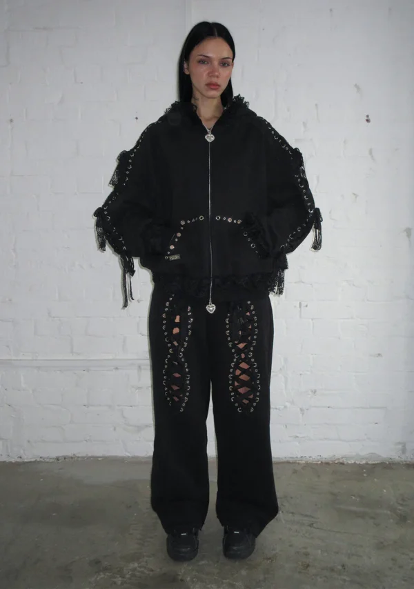 Bad Romance Lace Ribbon Oversized Sweatpants Black-1