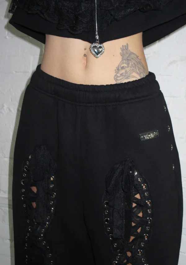 Bad Romance Lace Ribbon Oversized Sweatpants Black-3