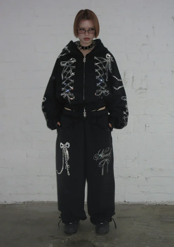 Confessions Rhinestone Oversized Sweatpants Black-1
