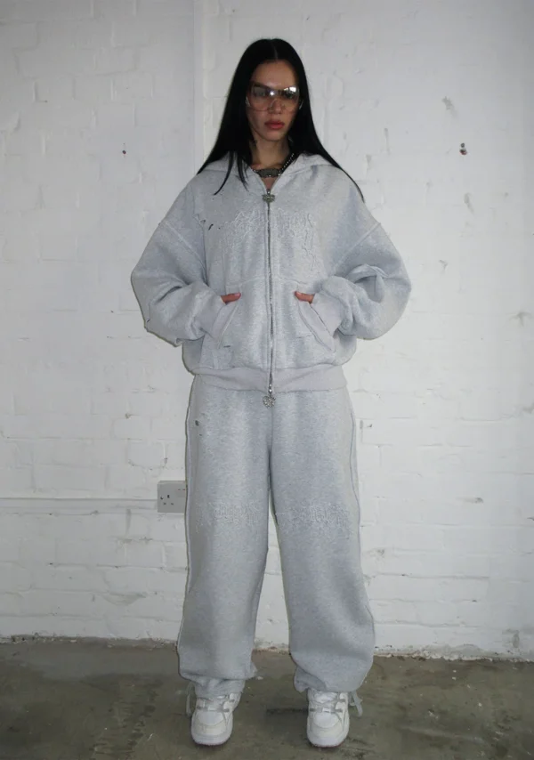 Curse Distressed Oversized Sweatpants Grey Marl-1