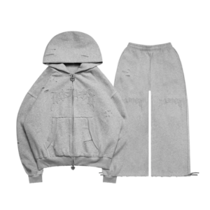 Curse Distressed ZIP Tracksuit Grey Marl