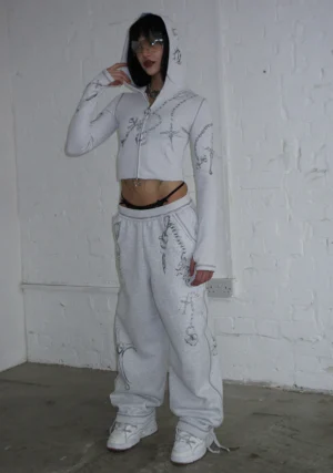 Destroy Cropped Fitted Rib ZIP Tracksuit Grey Marl-1